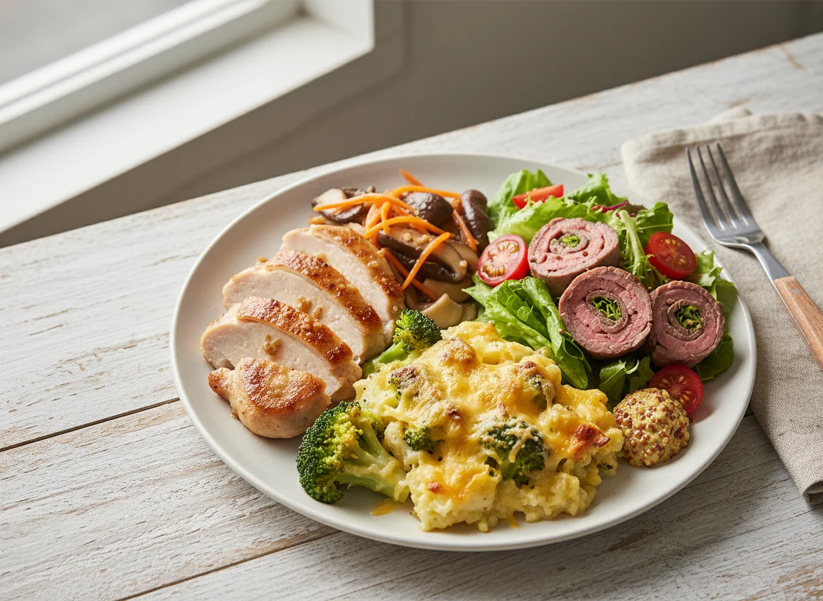 Mixed Plate with Chicken, Broccoli Gratin, and Roast Beef Salad photo