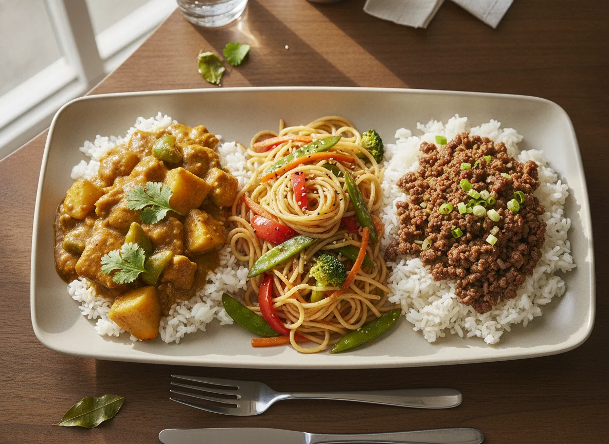Mixed Plate with Chicken Curry, Noodles, and Minced Meat Rice photo