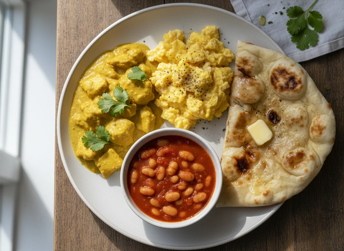 Mixed Plate with Chicken Curry, Scrambled Eggs, Baked Beans and Naan photo