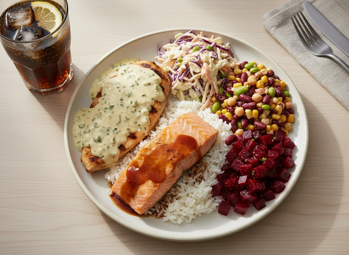 Mixed Plate with Chicken, Fish, and Salad photo