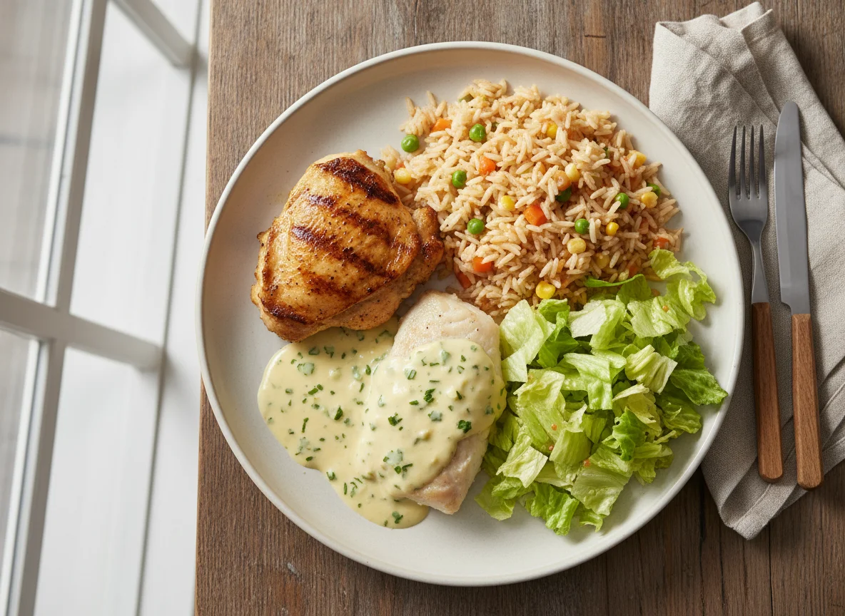 Mixed Plate with Chicken, Fish, Rice, and Lettuce photo
