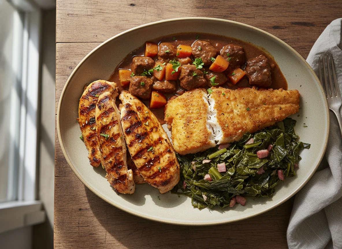 Mixed Plate with Chicken, Fish, Stew, and Greens photo