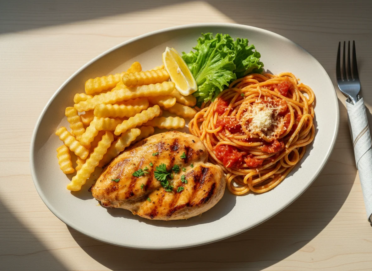Mixed Plate with Chicken, Fries, and Spaghetti photo