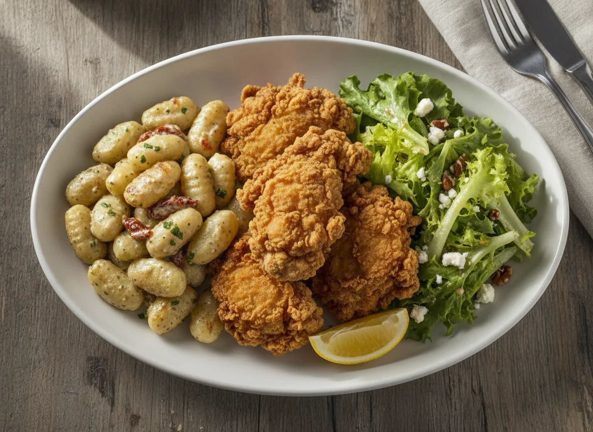 Mixed Plate with Chicken, Gnocchi, and Lettuce photo