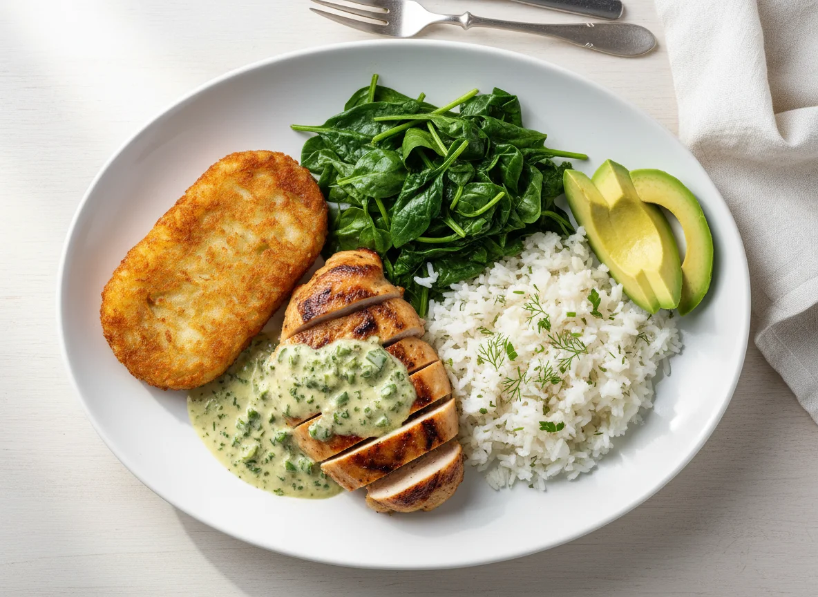 Mixed Plate with Chicken, Hash Brown, Spinach, Rice, and Avocado photo
