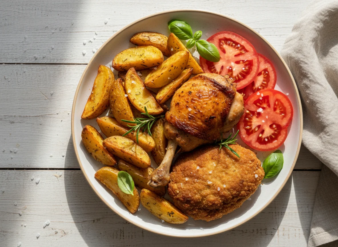 Mixed Plate with Chicken, Meatball, Potatoes, and Tomato photo