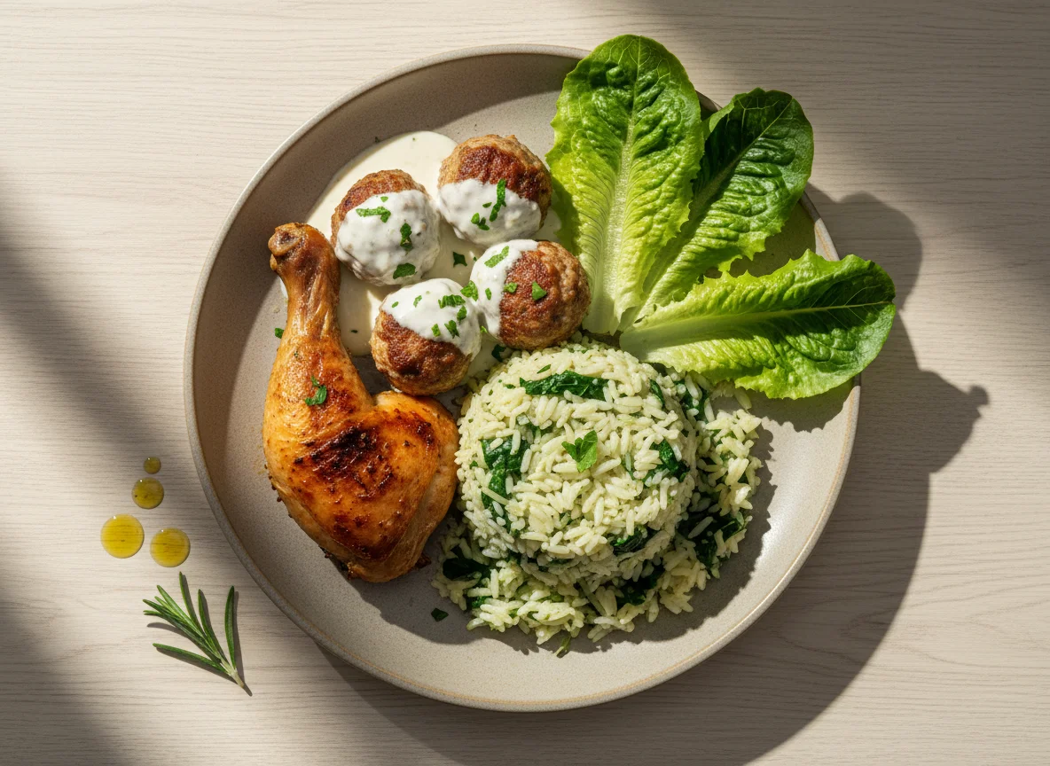 Mixed Plate with Chicken, Meatballs, Green Rice, and Lettuce photo