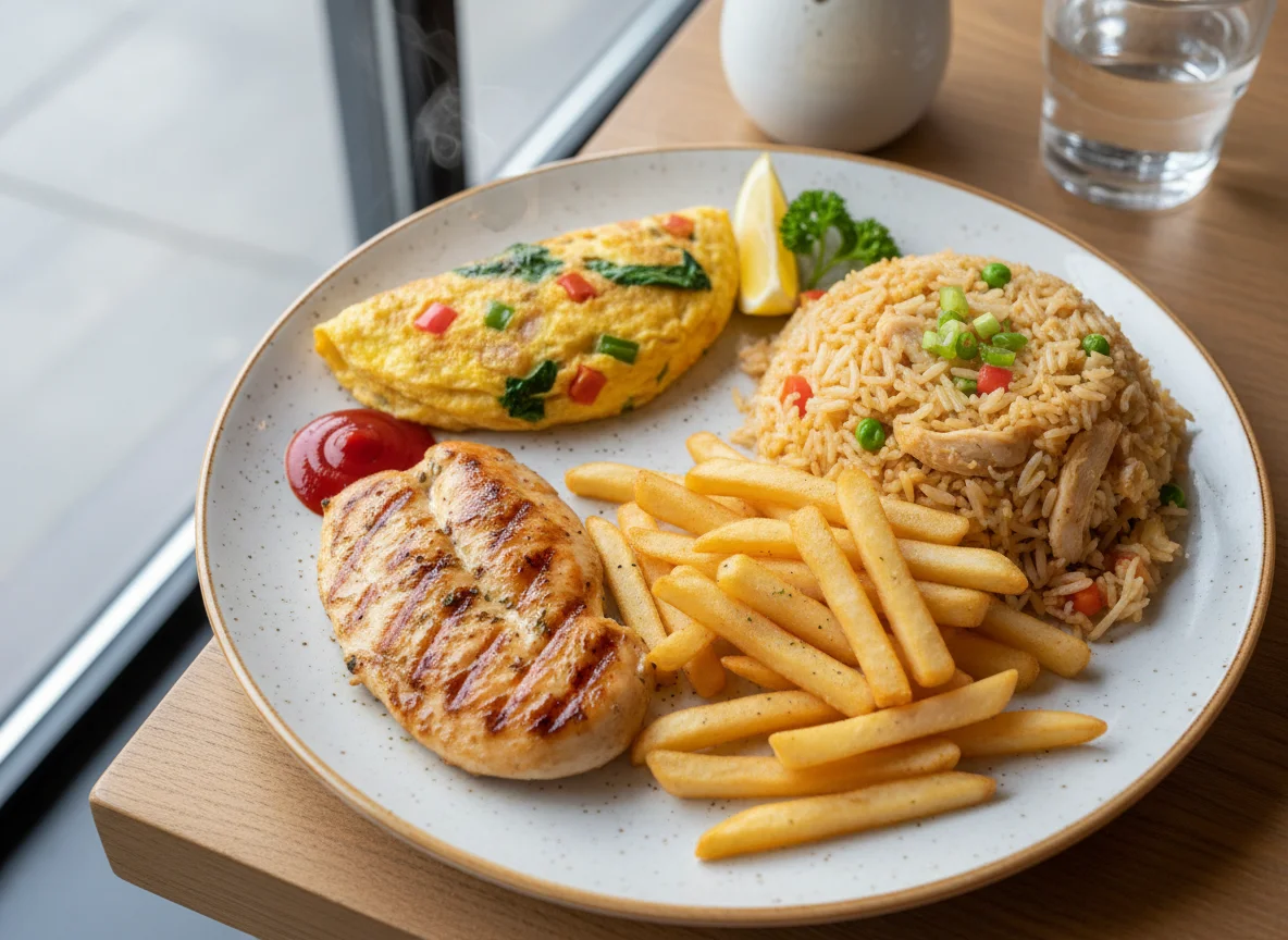 Mixed Plate with Chicken, Omelette, Fried Rice, and Fries photo