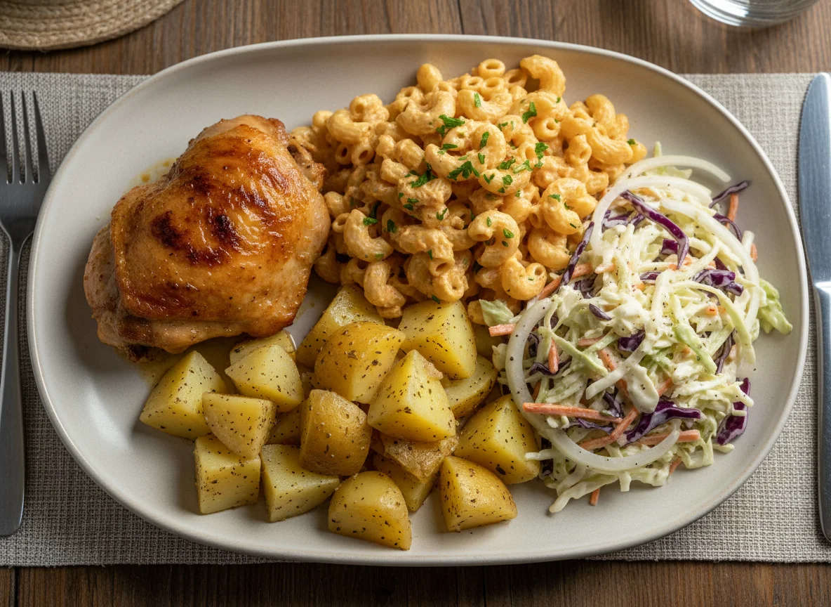 Mixed Plate with Chicken, Pasta, Potatoes, and Coleslaw photo