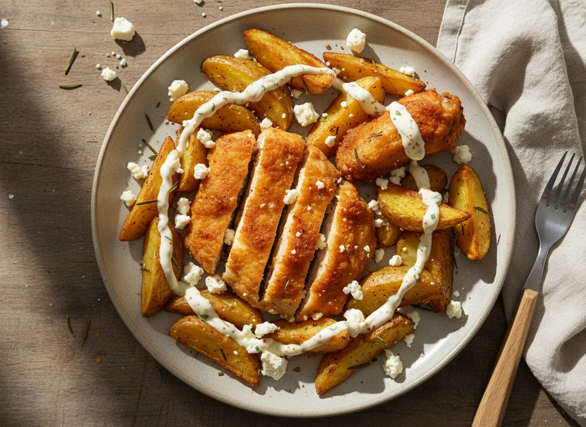 Mixed plate with chicken, potatoes, cheese and sauce photo