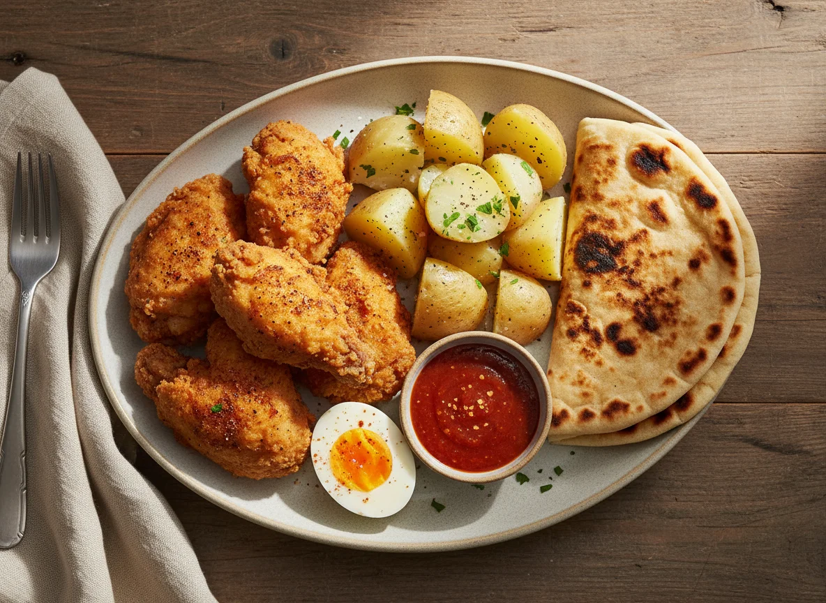 Mixed Plate with Chicken, Potatoes, Eggs, and Flatbread photo