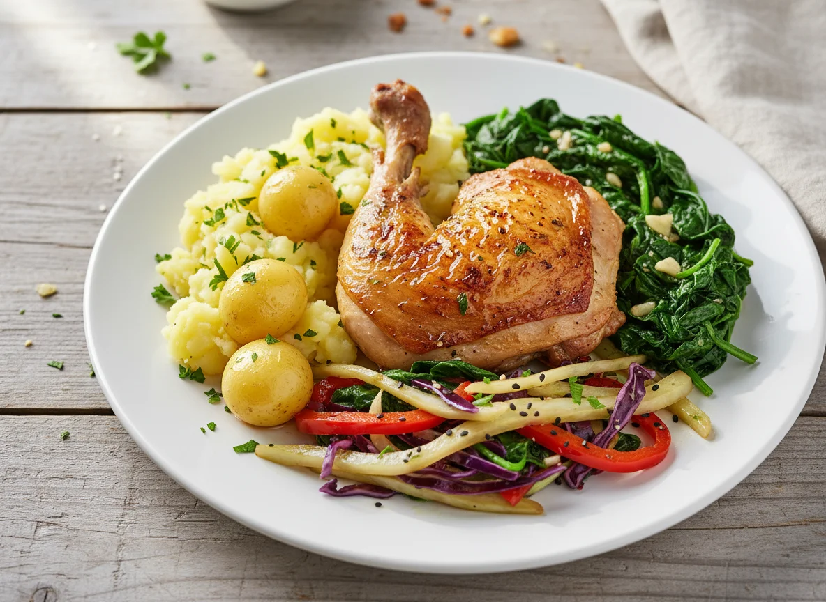 Mixed Plate with Chicken, Potatoes, Spinach, and Cabbage photo