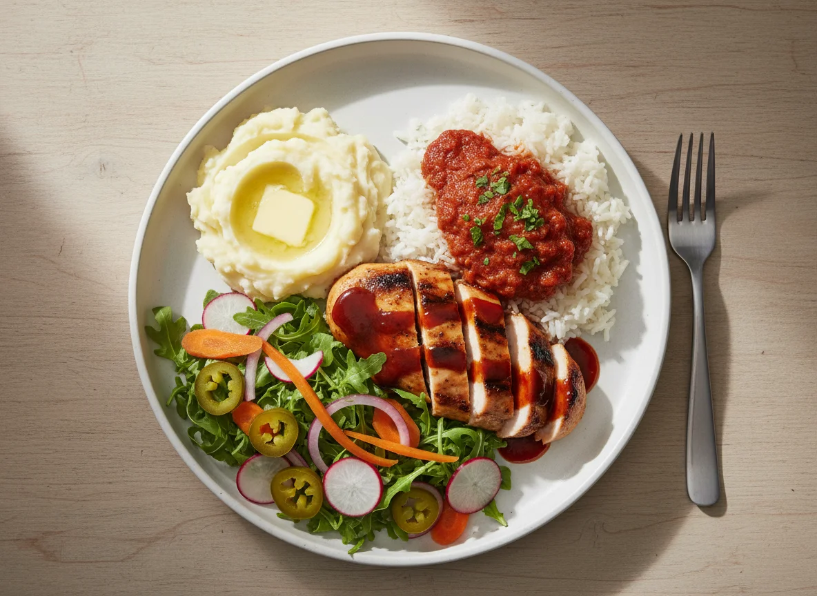 Mixed Plate with Chicken, Rice, Mashed Potatoes, and Salad photo