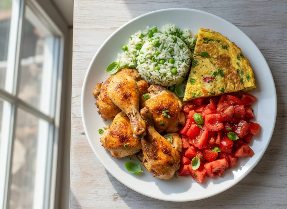 Mixed Plate with Chicken, Rice, Omelette, and Tomatoes photo