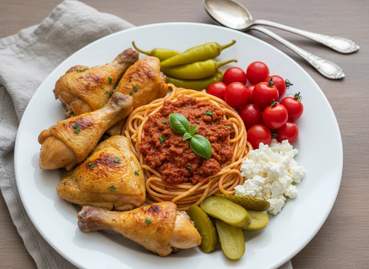 Mixed Plate with Chicken, Spaghetti, Tomatoes, and Pickles photo