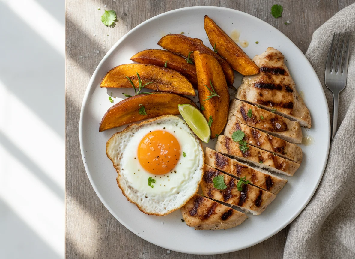 Mixed Plate with Chicken, Sweet Potato, Banana, and Eggs photo