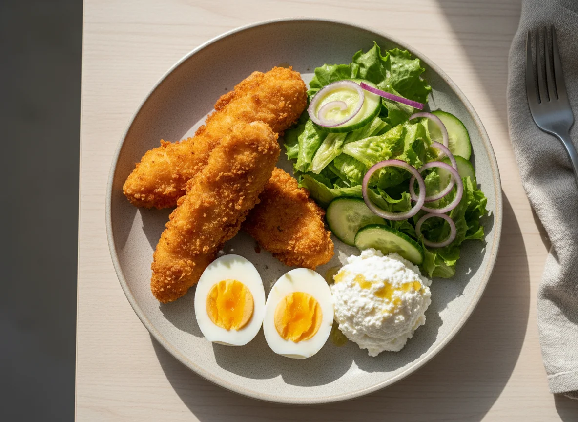 Mixed plate with chicken tenders, egg, cottage cheese, and salad photo