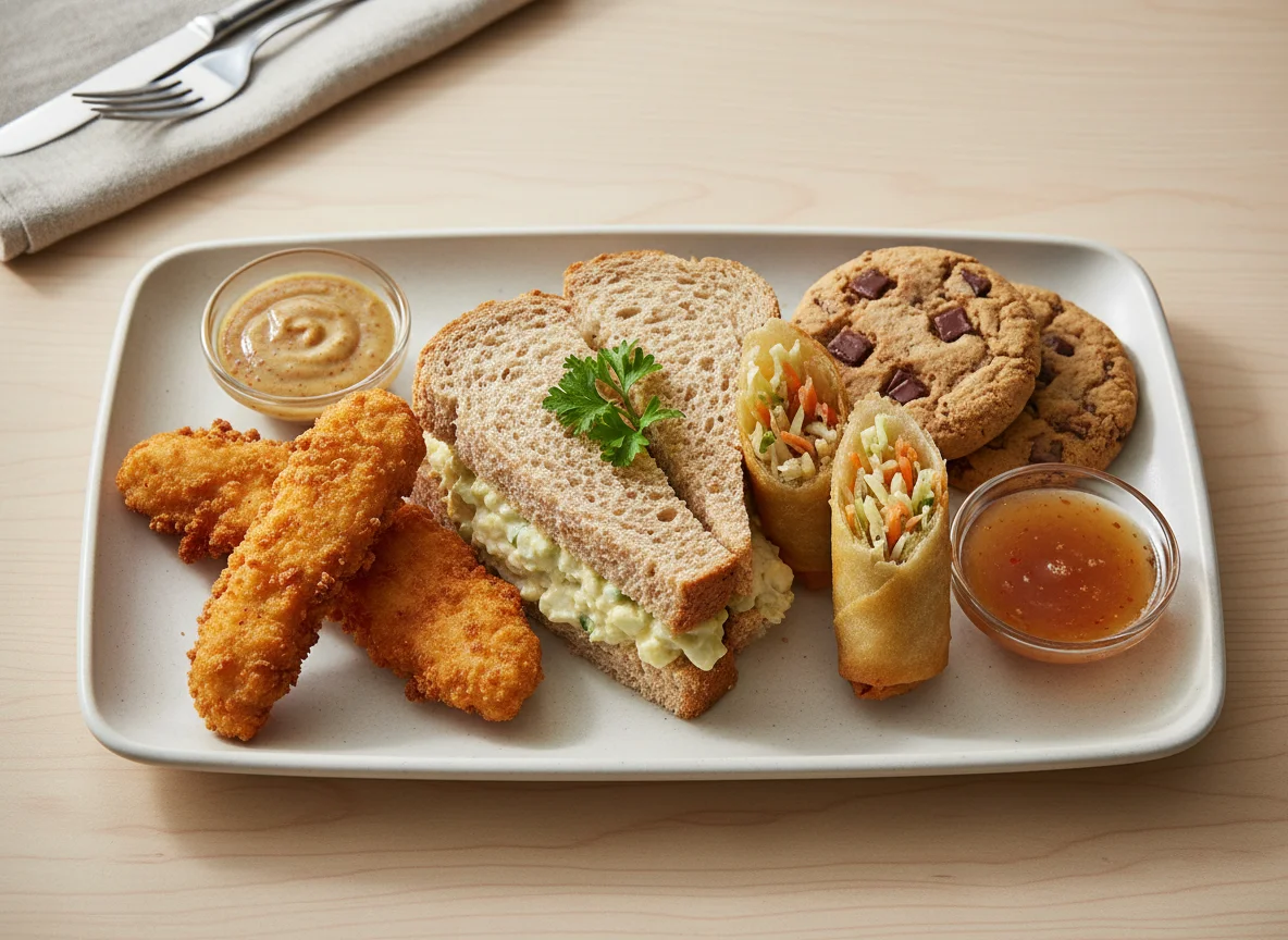 Mixed Plate with Chicken Tenders, Sandwich, Cookies, and Spring Roll photo