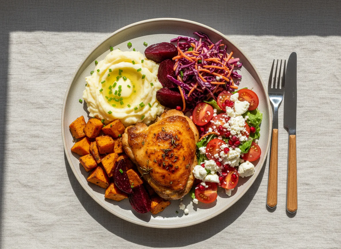 Mixed Plate with Chicken, Vegetables, and Salad photo