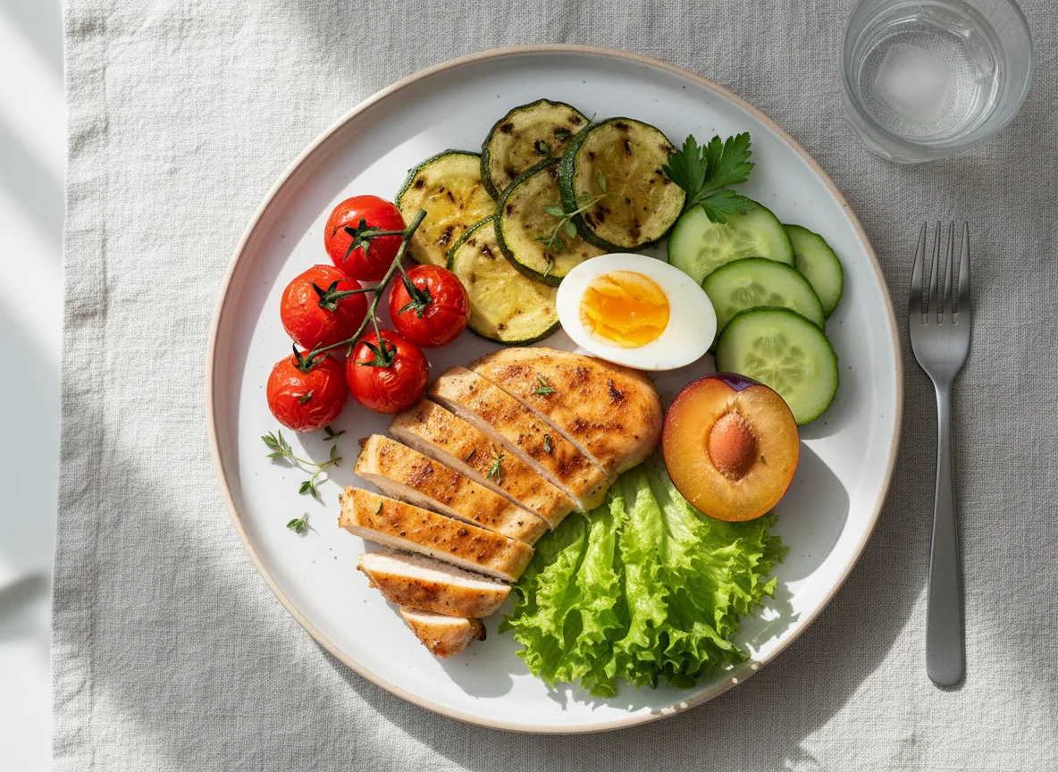 Mixed Plate with Chicken, Vegetables, Egg and Plum photo