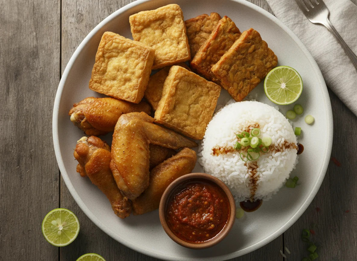 Mixed Plate with Chicken Wings, Fried Tofu, and Tempeh photo