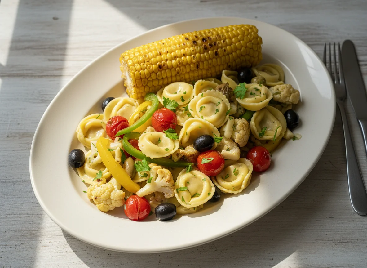 Mixed Plate with Corn, Pasta, and Vegetables photo