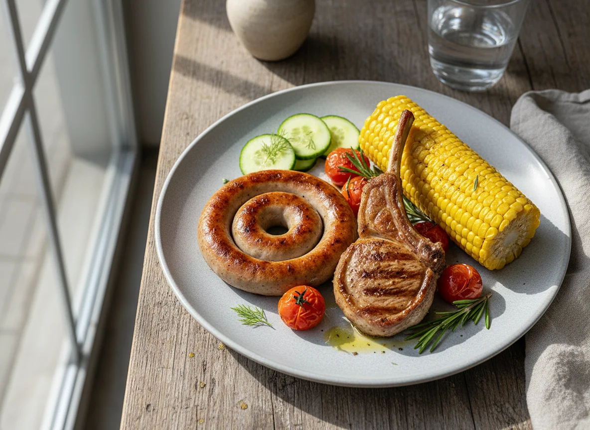 Mixed Plate with Corn, Sausages, Cucumber and Meat photo
