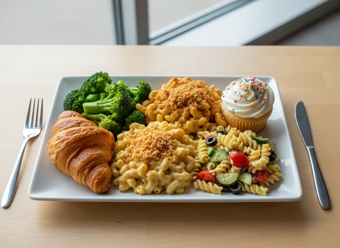 Mixed Plate with Croissant, Broccoli, Mac and Cheese, Pasta Salad, and Cupcake photo