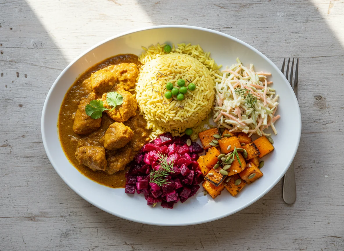 Mixed Plate with Curry, Rice and Salads photo