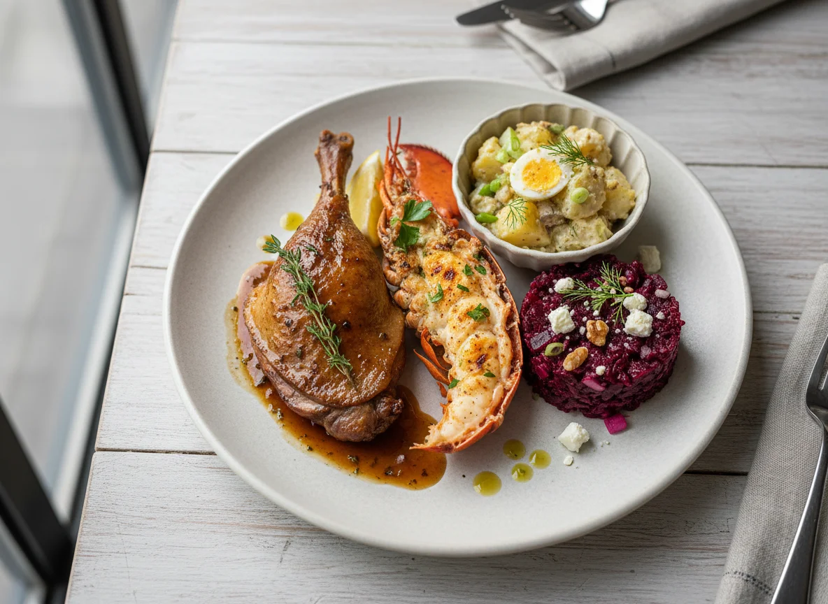 Mixed Plate with Duck, Lobster, Beetroot Salad, and Potato Salad photo