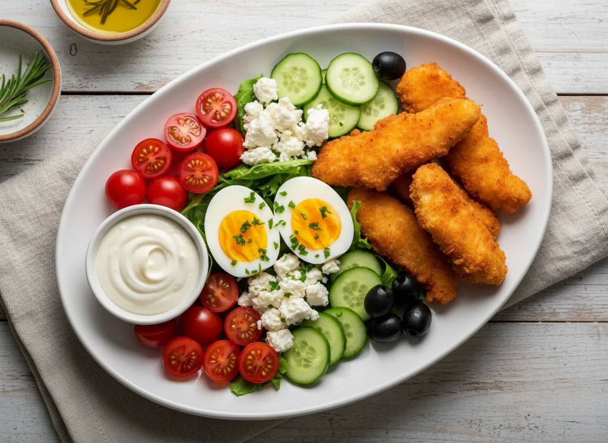 Mixed Plate with Eggs, Cheese, Chicken, and Vegetables photo