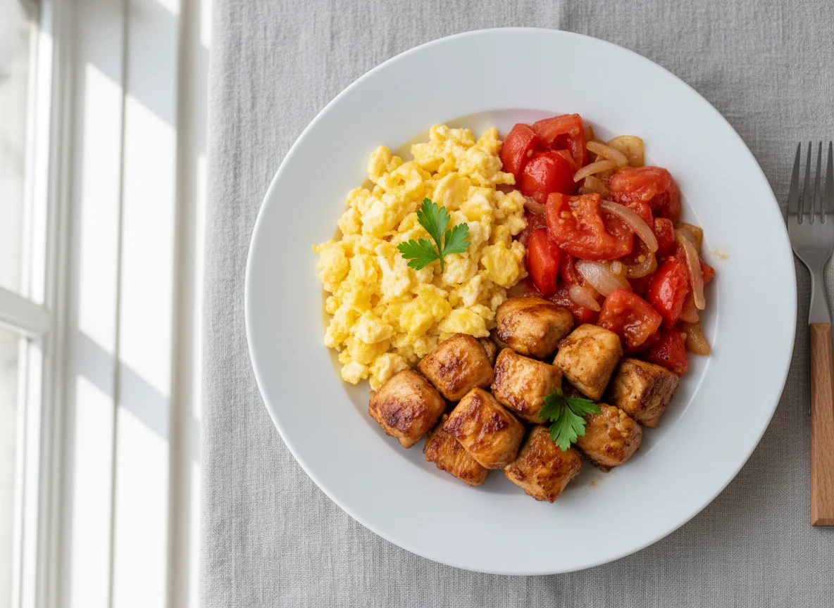 Mixed Plate with Eggs, Chicken, Onions, and Tomatoes photo
