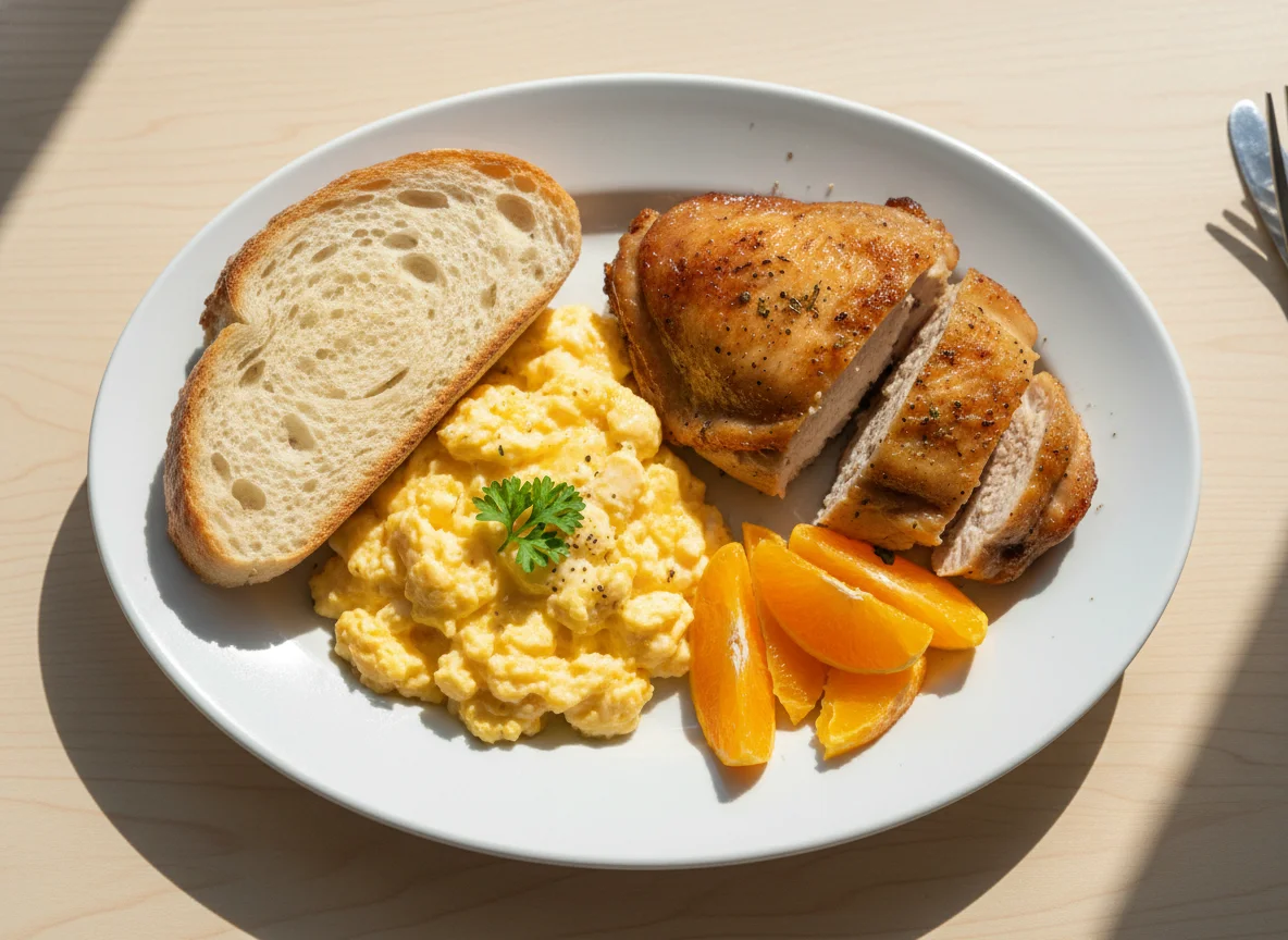 Mixed Plate with Eggs, Meat, Orange, and Bread photo