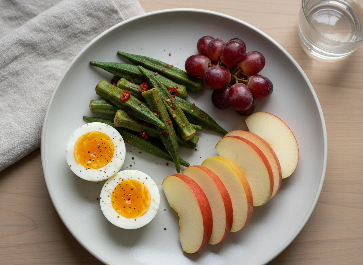Mixed Plate with Eggs, Okra, Apple, and Grapes photo