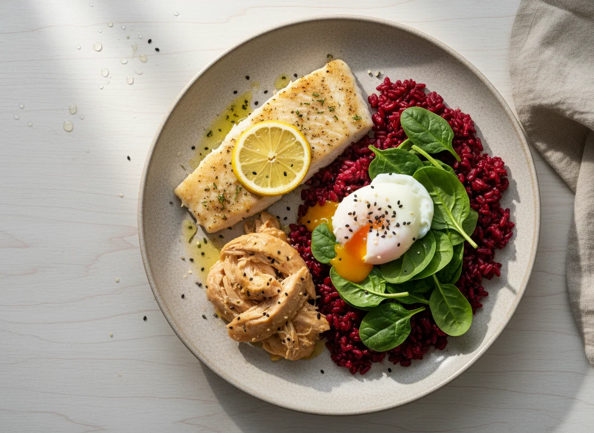 Mixed Plate with Fish, Chicken, and Spinach photo