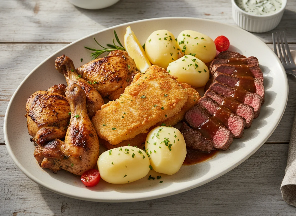 Mixed Plate with Fish, Chicken, Beef, and Potatoes photo