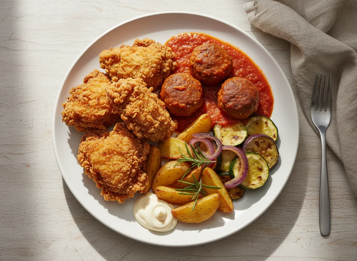 Mixed Plate with Fried Chicken, Meatballs, and Roasted Vegetables photo