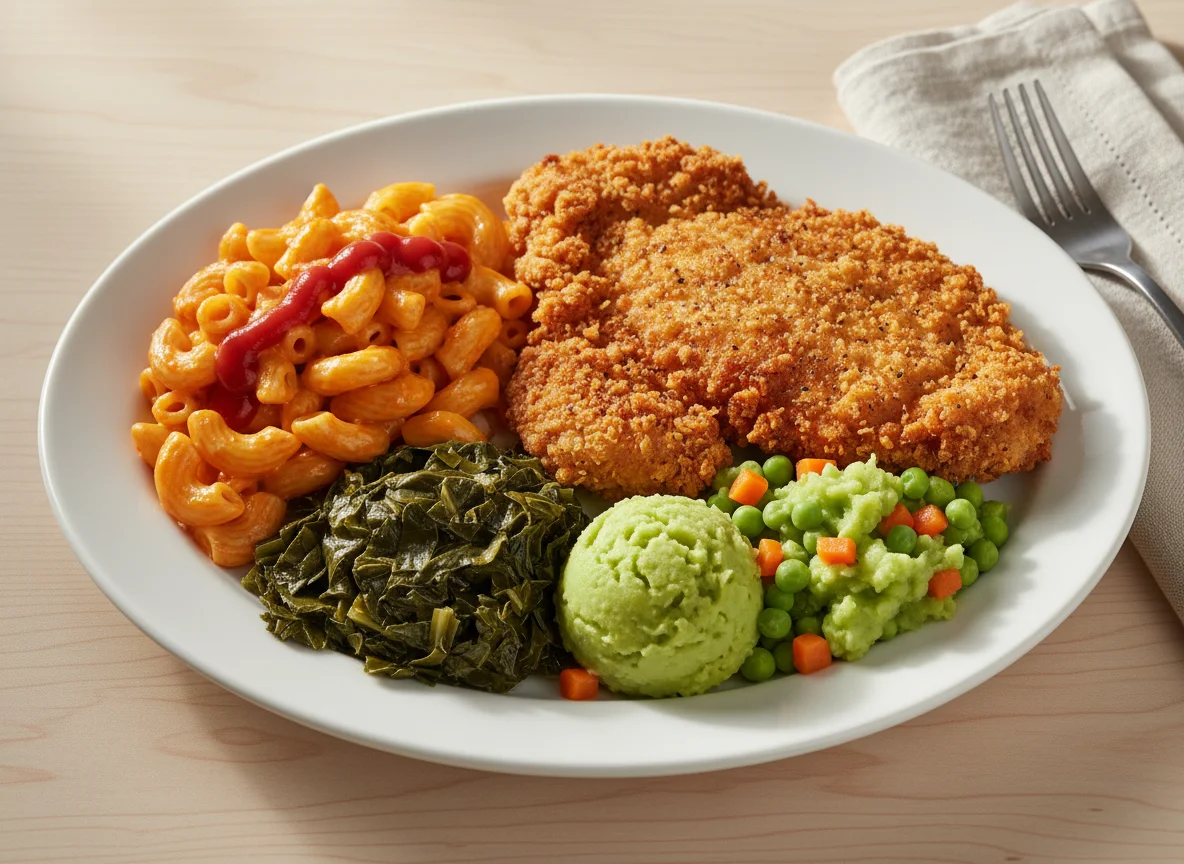 Mixed Plate with Fried Chicken, Pasta, Peas, and Greens photo