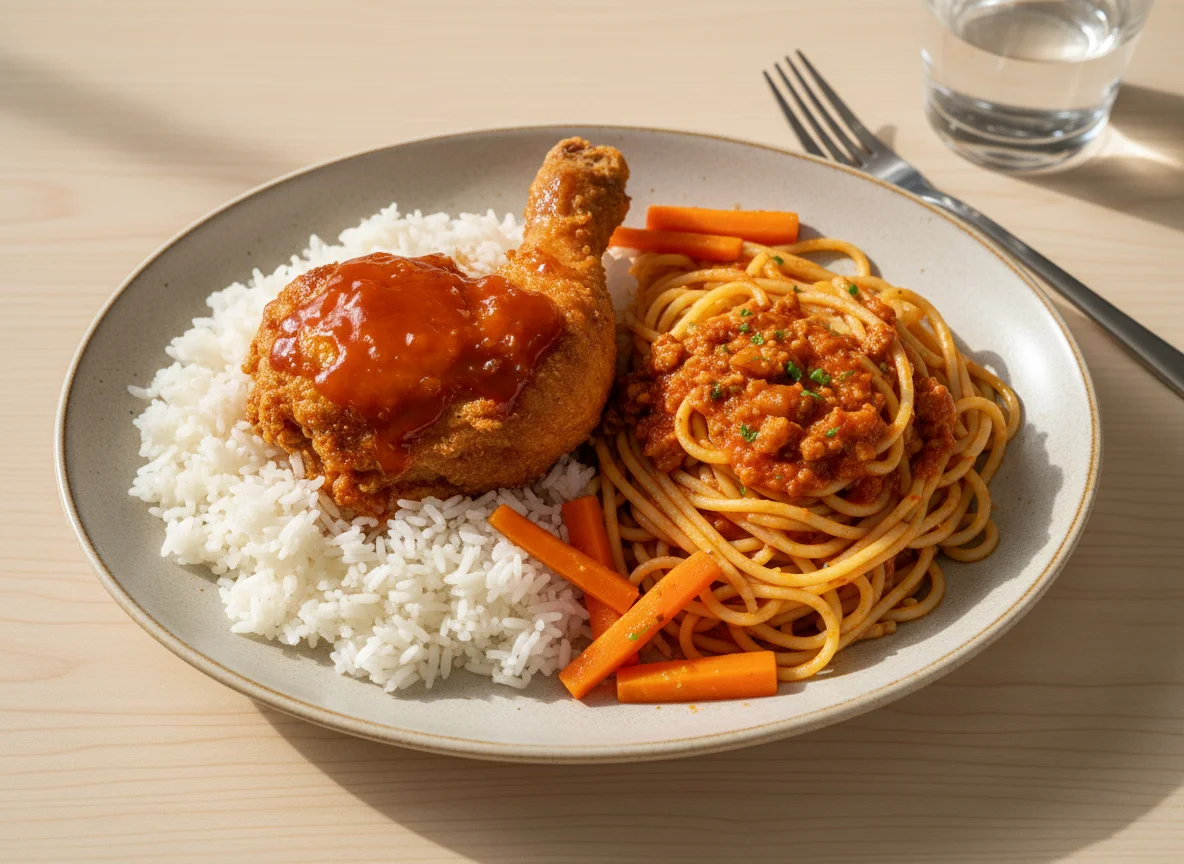 Mixed Plate with Fried Chicken, Rice, and Spaghetti photo