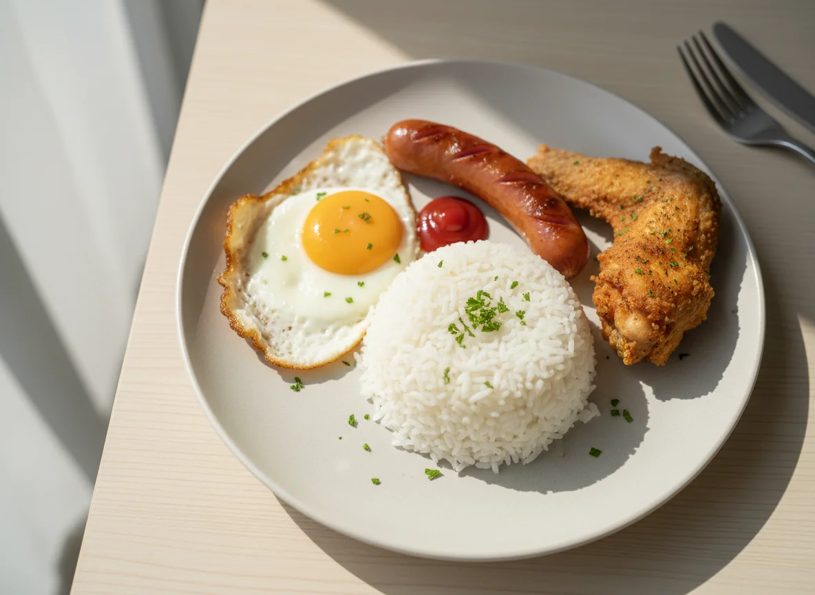 Mixed Plate with Fried Egg, Hot Dog, Fried Chicken, and Rice photo