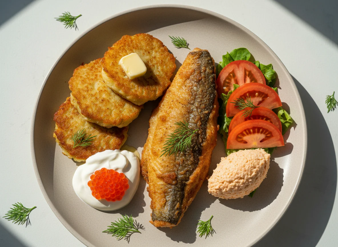 Mixed Plate with Fried Fish, Pancakes, and Salad photo
