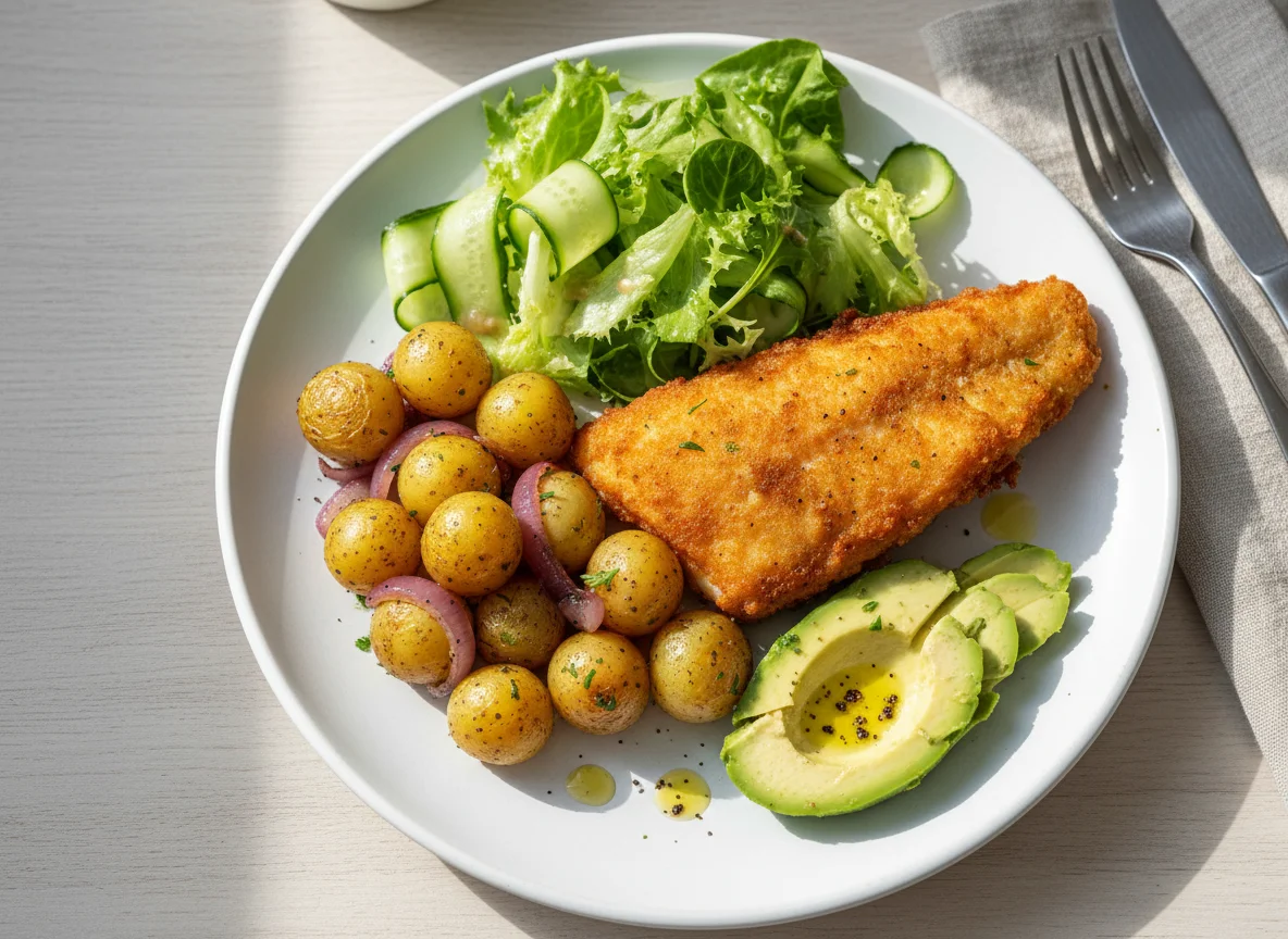Mixed plate with fried fish, potatoes, avocado, and salad photo