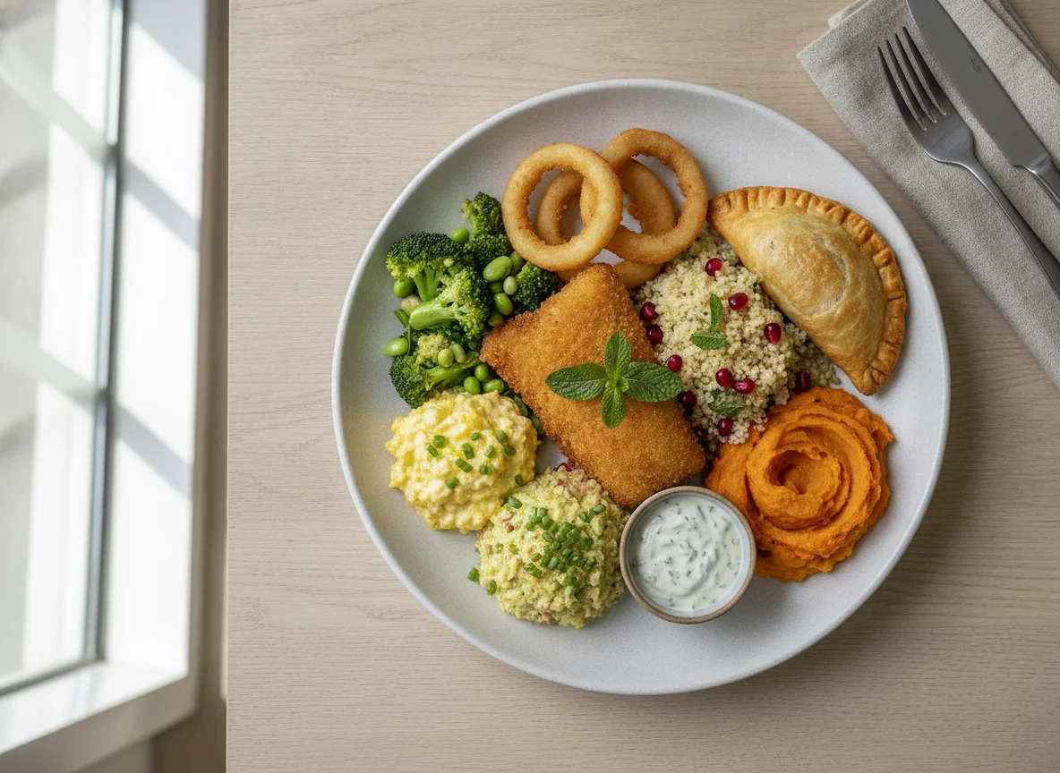 Mixed Plate with Fried Items, Couscous, and Vegetables photo