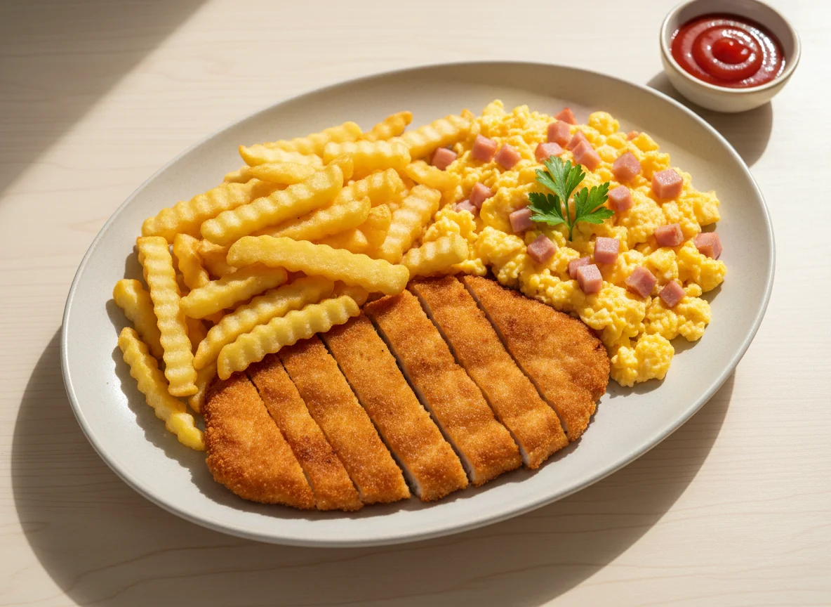 Mixed plate with fries, meat, and ham with egg photo