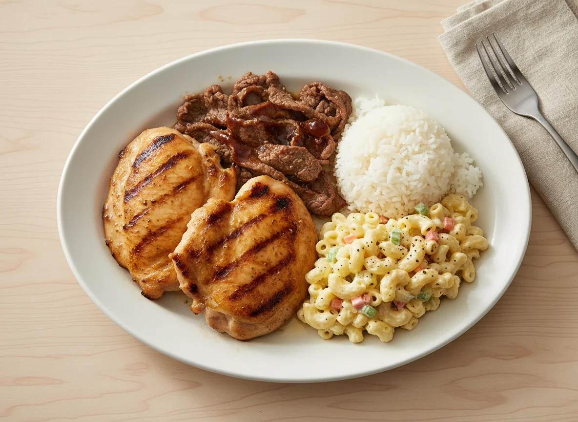 Mixed Plate with Grilled Chicken, Beef, Rice, and Macaroni Salad photo