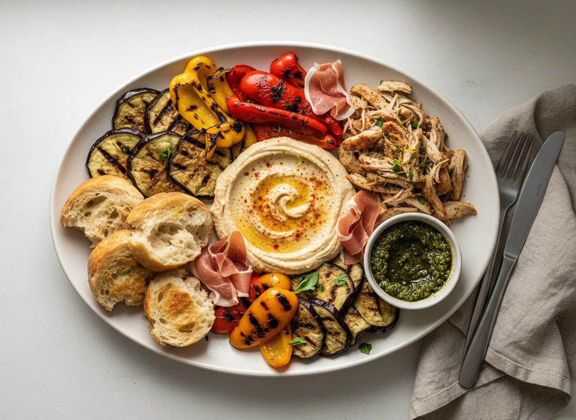 Mixed plate with grilled vegetables, chicken, ham, and hummus photo