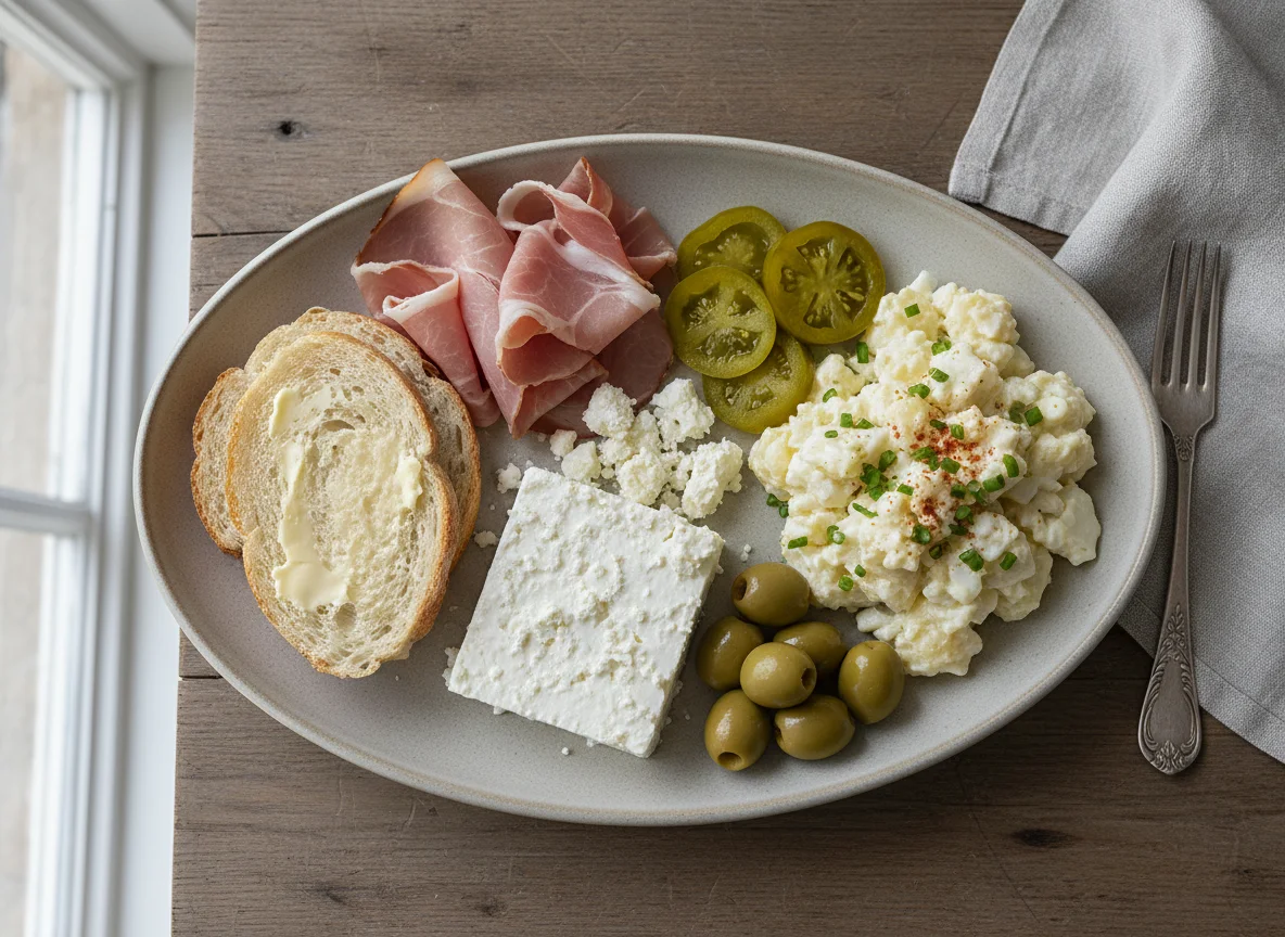 Mixed Plate with Ham, Cheese, Olives, and Potato Salad photo