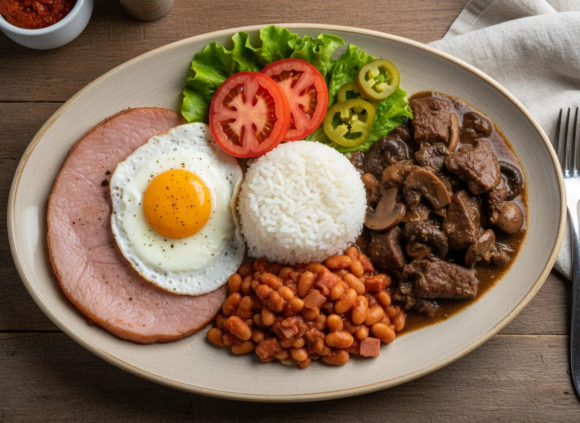 Mixed Plate with Ham, Egg, Stew, Rice and Beans photo