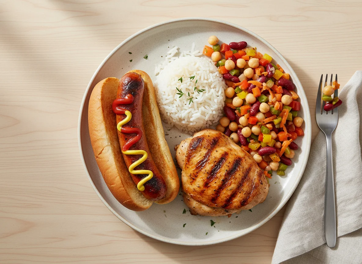 Mixed Plate with Hot Dog, Chicken, and Bean Salad photo