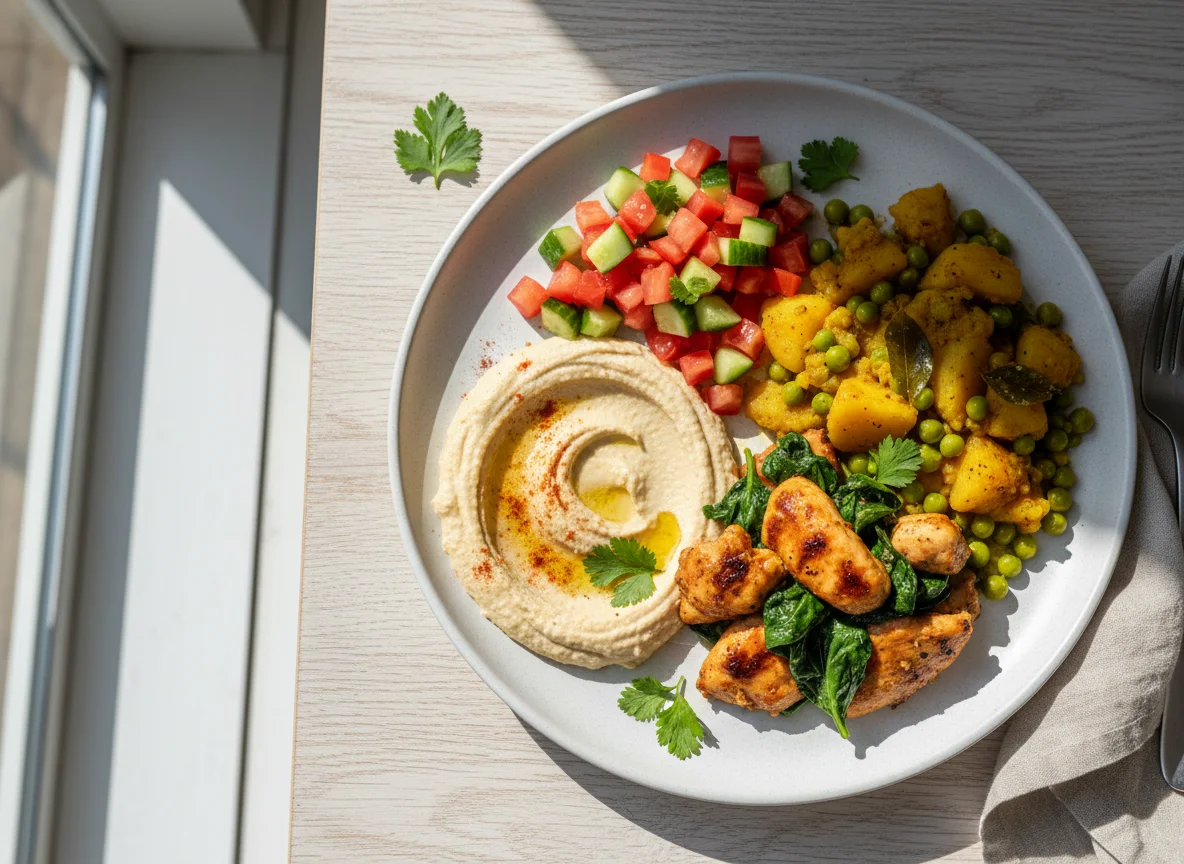 Mixed Plate with Hummus, Chicken, and Vegetables photo